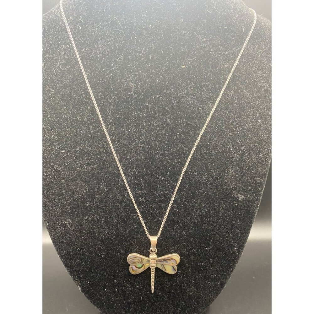 Sterling Silver 925 Dragonfly Pendant Necklace Abalone Shell 18" Chain 4.67g - Picture 3 of 12